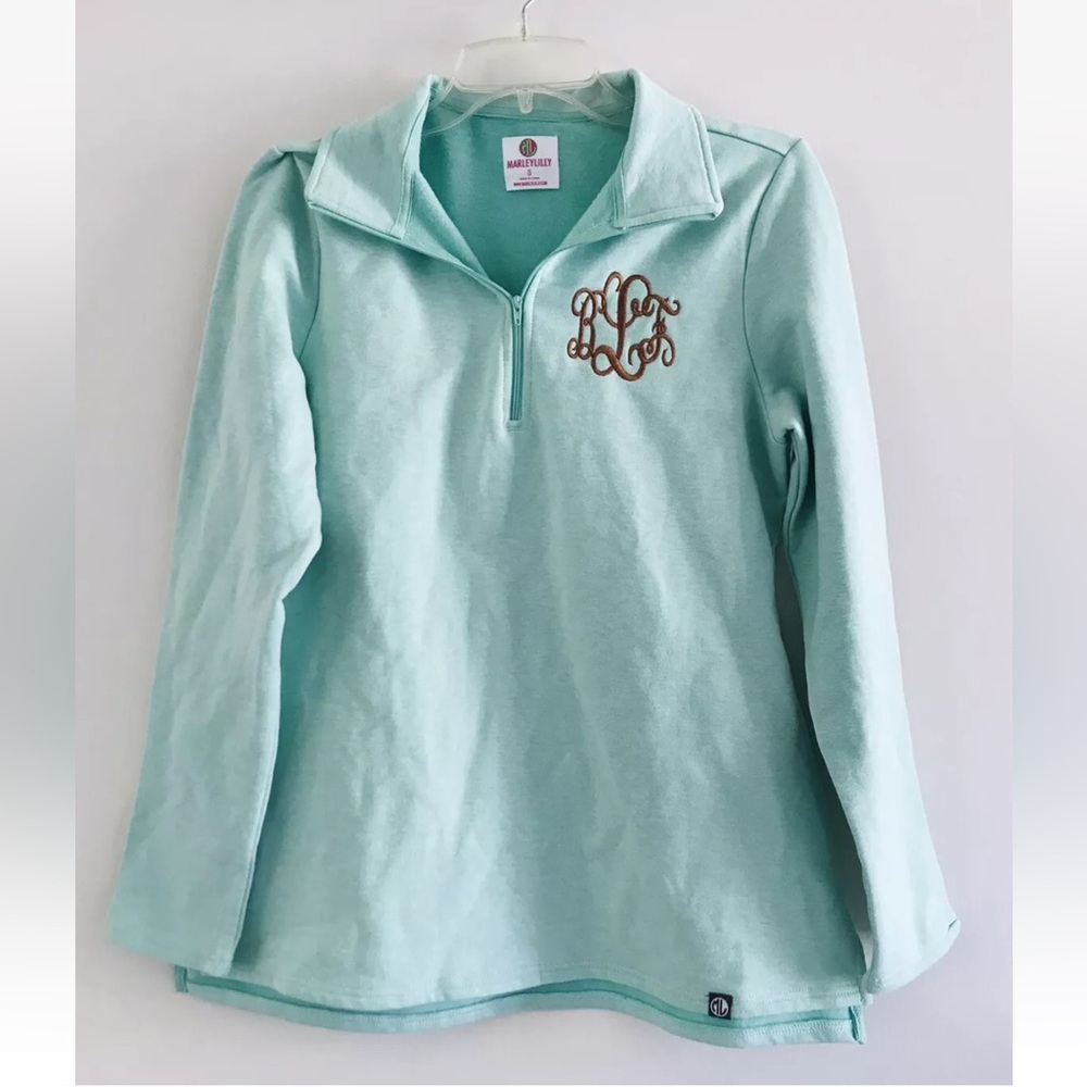 Marley Lilly | Half Zip Monogram Sweatshirt Womens Sz S Mint Green Long Sleeve